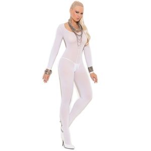 White Long Sleeve Body Stocking Crotchless